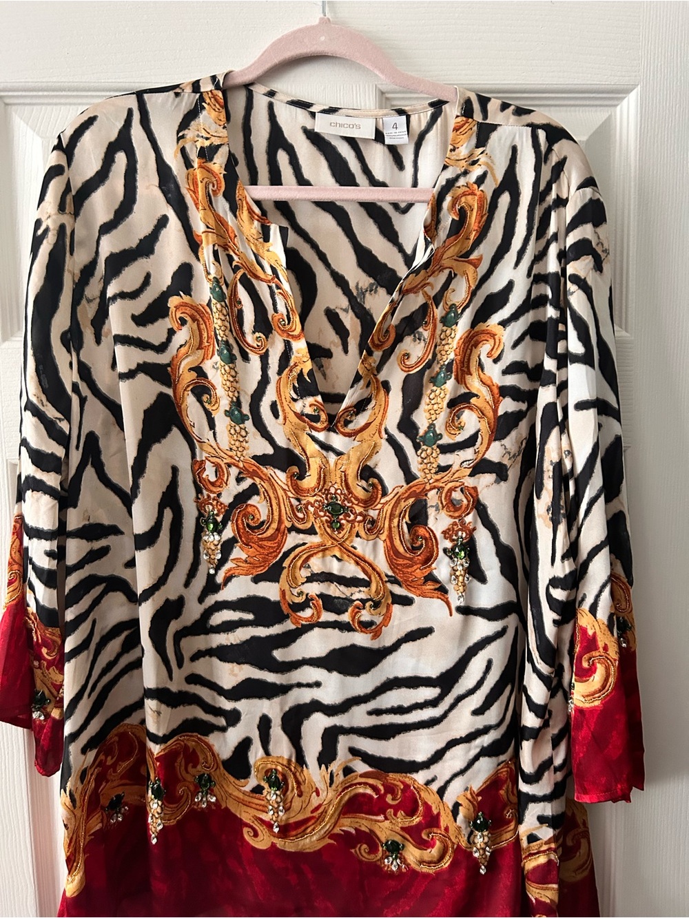 Chico's Black & White Zebra Tunic with Gold Embroidery and Red Hem